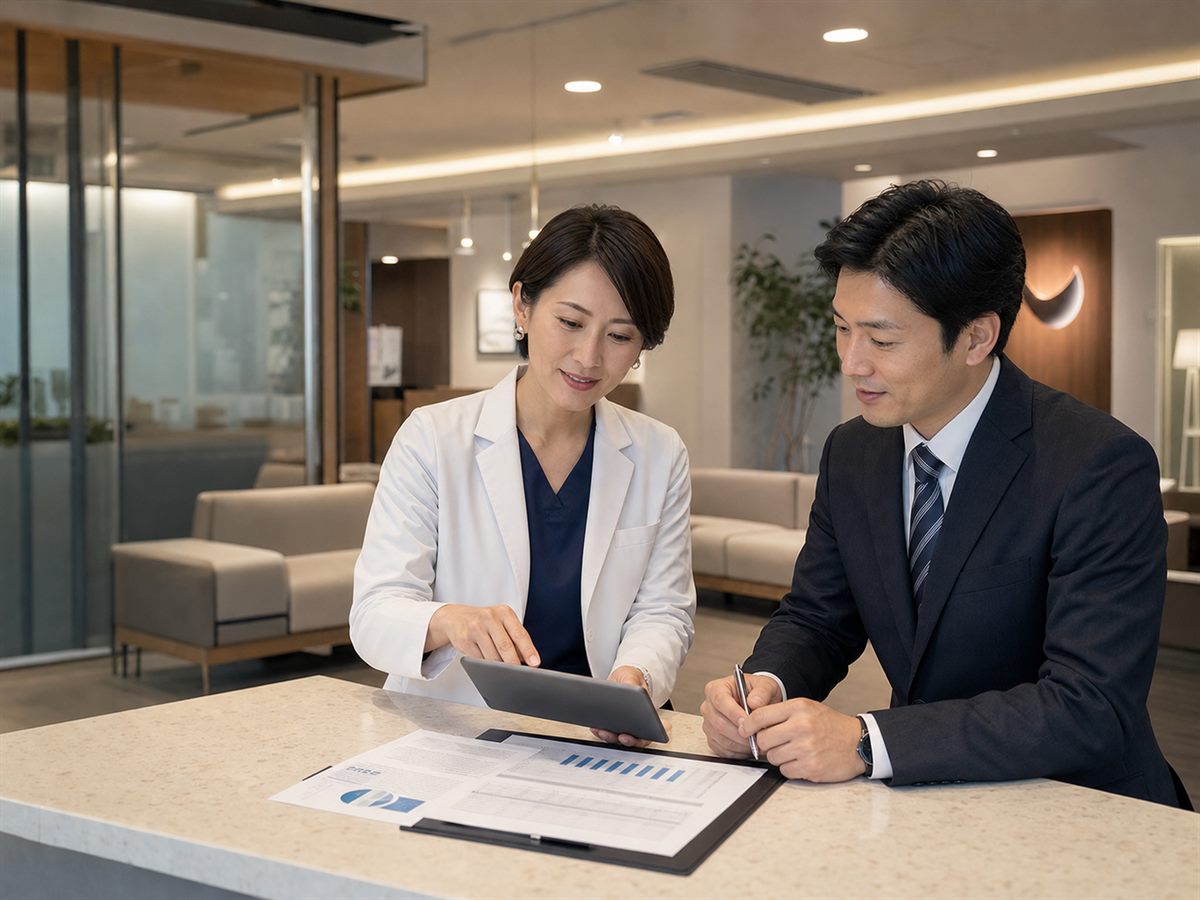 クリニックの譲渡相談を行う院長先生とM&Aアドバイザー